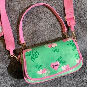 Juicy Couture Green Pink Cherry Velour Crossbody Bag with Heart Coin Purse NEW